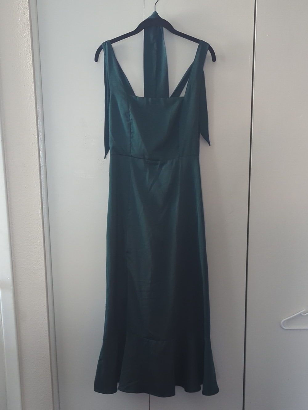 Emerald Green Satin Tie-Strap Midi Dress